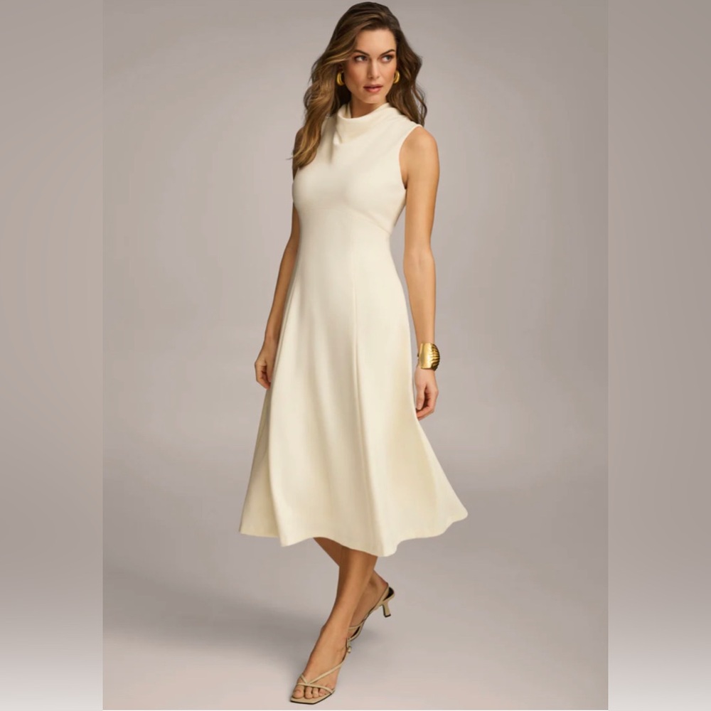 Donna Karan Mock Neck Midi Dress, Cream, Size 6
